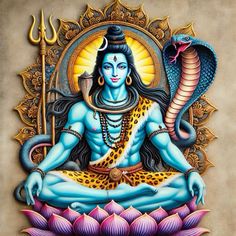 an image of hindu god sitting on lotuses with a snake in his lap and holding a staff