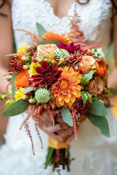 a bride holding a bouquet of flowers in her hands