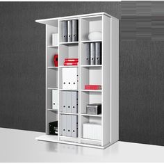 an office shelving unit with file folders and binders