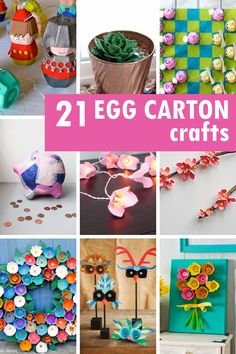 the collage shows different crafts made from egg cartons