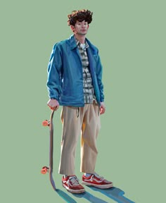 a painting of a young man holding a skateboard