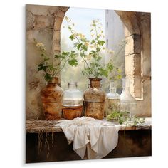 three vases with flowers in them sitting on a window sill next to a cloth