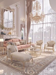 a living room filled with furniture and a chandelier