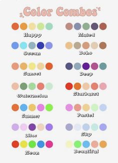 the color combos for different colors are shown in this image, and there is also an