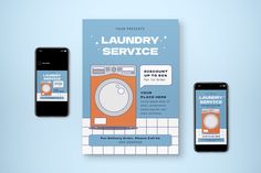 an image of a laundry service brochure and two smartphones on a blue background