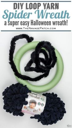 spider wreath made out of yarn with text overlay that says diy loop yarn spider wreath