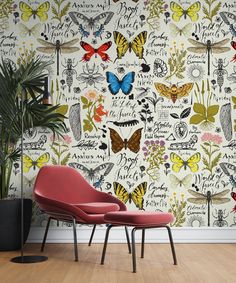 two chairs in front of a wall with colorful butterflies and plants on it, against a white background