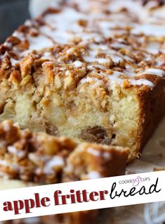 an apple fritter bread is sliced and ready to be eaten with the title above it