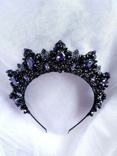 Royal Purple And Black Wedding, Black Tiara Gothic, Purple Gothic Prom Dress, Purple Crown Aesthetic, Black And Purple Crown, Gothic Tiara, Purple Tiara, Wedding Tiaras, Black And Purple Quinceanera Theme