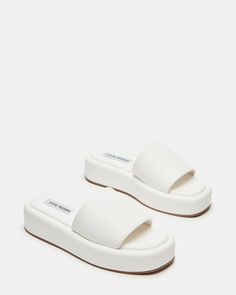 BEACHY White Platform Slide Sandal | Women's Sandals – Steve Madden White Platform Sandals, White Slides, Steve Madden Store, Square Toe Sandals, Short Heels, Steve Madden Sandals, White Platform, Leather Socks, Platform Slides