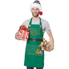 a man wearing an apron and santa hat holding two wrapped presents while standing in front of a white background