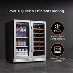 an image of a wine cooler with the words roosa quick and efficient cooling