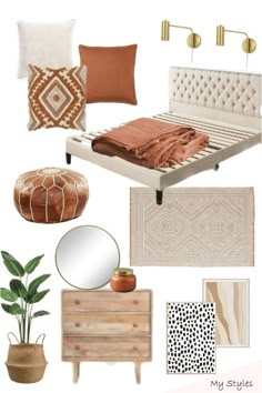 a bedroom with brown and white decor on the walls, bedding, pillows, rugs, mirror, lamp, potted plant and other items