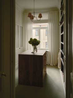 a vase with flowers sitting on top of a counter in front of a window next to a book shelf