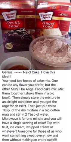 Should be called 321 cake but okay Angel Food Cake Mix, Microwave Cake, Cake Mixes, Mug Recipes, Monkey Bread, Cake Mix Recipes, Angel Food Cake, Food Cake