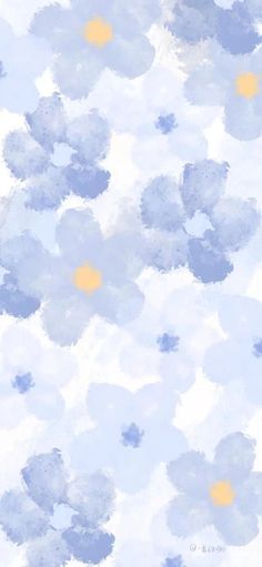 an abstract painting of blue and yellow flowers on a white background with light gray clouds