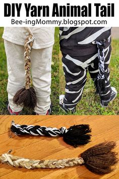 an animal tail made out of rope and yarn on top of a wooden floor with the words diy yarn animal tails