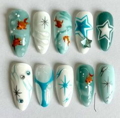 d1cedclaws, nails, nail art, nail deisgn, nail inspo, aquatic, aquatic nails, koi fish, fish, fish nails, press ons, acrylics, acrylic nails, blue, orange, white, blue nails, orange nails, white nails, ocean, ocean nails, water, water nails Marine Nails, Nails Medium Almond, Fish Nails, Nails Beach, Kutek Disney, Nails 3d, Press On Nails Medium, Medium Almond