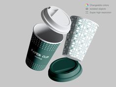 a coffee cup with the lid open next to another cup that has been placed in front of it