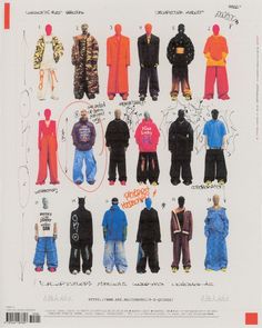 an advertisement for men's clothing from the early 1990s, featuring different types of jackets and pants