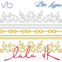 the blue lagoon logo is shown with gold and silver trimmings, which are handwritten