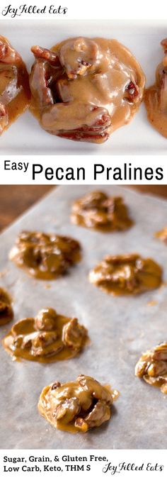 an easy pecan pralies recipe is shown on a baking sheet and then baked in the oven