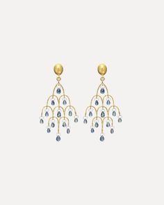 From Gurhsn's Delicate Dew Collection, 22k chandelier earrings featuring faceted blue fancy sapphire briolettes with 8.25 ctts. The earrings measure 9x7mm. The length measure 2.30 inches. Fancy Sapphire, Squash Blossom, Sapphire Earrings, Chandelier Earrings, Blue Sapphire, Blossom, Sapphire, Blue