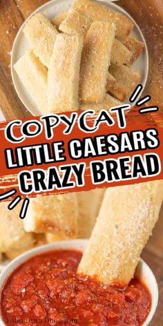 copycat little caesar's crazy bread sticks in a white bowl with tomato sauce