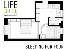 a floor plan with the words sleeping for four in black and white, above it