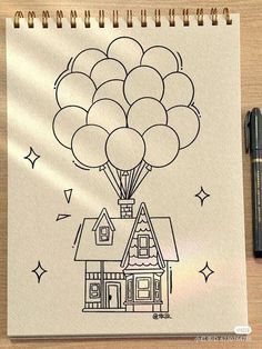 a drawing of a house with balloons in the air