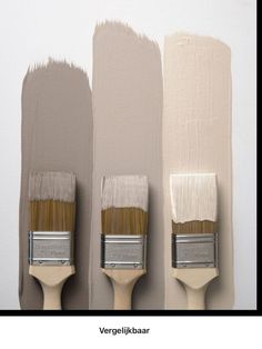 three paintbrushes are lined up against the wall with different shades of paint on them