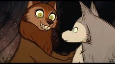 an animated image of a fox and a wolf looking into each other's eyes