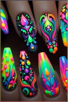 Embrace birthday charm with our almond nail designs, featuring short, cute styles and spring colors. Pin this for inspiration and check our full guide online for more ideas! Electric Forest Nails, Fly Nails, Rhinestone Patterns, Neon Nail Designs, Rainbow Nail, Hippie Nails