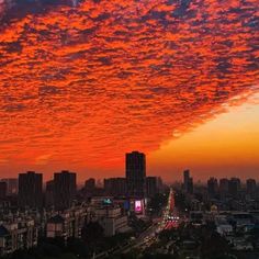 an orange and pink sky over a city