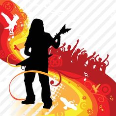 a person with a guitar in front of an abstract background