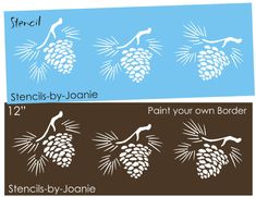 the pine cone stencil is shown in three different colors and sizes, including brown, blue, and white