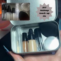 Make your own Altoids tin wallet makeup touch up kit! Comes with: Concealer bottle, mascara bottle, mini powder puff/beauty sponge, plastic pot, mini spray bottle.(+ syringe and funnel to help fill the bottles.) DOES NOT COME WITH MAKEUP. Mini Makeup Kit, Mini Makeup Products, Diy Travel Makeup, Make Up Kits, Travel Size Makeup, Altoids Tins, Mini Makeup, Beauty Sponge, Relax Spa