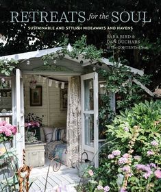 a book cover with an outhouse surrounded by flowers and greenery in the background