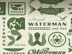 an assortment of different logos and emblems for waterman products on a white background