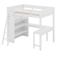 a white loft bed with stairs and desk in front of it, on a white background