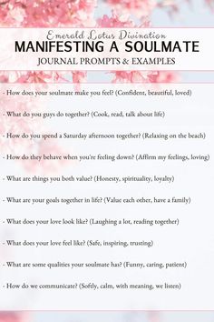 Nov 21, 2019 - Here is an in-depth guide to manifesting your soulmate. Complete with journaling prompts and a lovely 8 card tarot spread! Manifest Soulmate, Law Of Attraction Planner, Spiritual Manifestation, Journal Writing Prompts, Manifestation Law Of Attraction, Law Of Attraction Affirmations, Manifestation Journal, Positive Self Affirmations