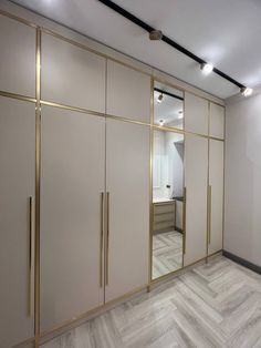 an empty room with white and gold closet doors