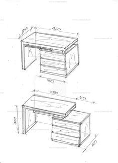 an architectural drawing of a desk with drawers