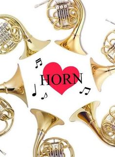 various musical instruments arranged in a circle with the word horn on top and an i heart surrounded by music notes