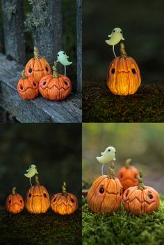 pumpkins with carved faces and birds on them