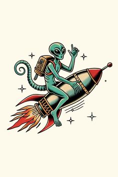 an alien is riding on top of a rocket