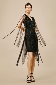 Shop 1920s Dresses - Hand Beaded Flapper Dress | BABEYOND Modern 1920s Fashion, Modern Flapper Dress, Themed Dresses, Sequin Cape, Great Gatsby Dresses, Beaded Flapper Dress, 1920s Dresses, Flapper Dresses, Gatsby Dress