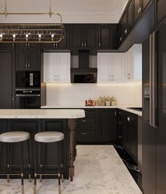 a kitchen with black cabinets and marble counter tops, two stools in front of the island