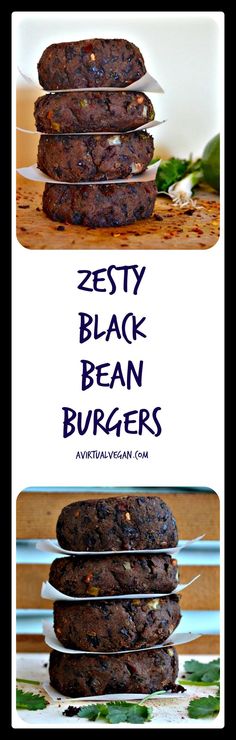 two pictures showing different types of burgers stacked on top of each other with the words zesty black bean burgers above them