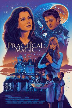 the movie poster for practical magic with two people standing in front of a large house